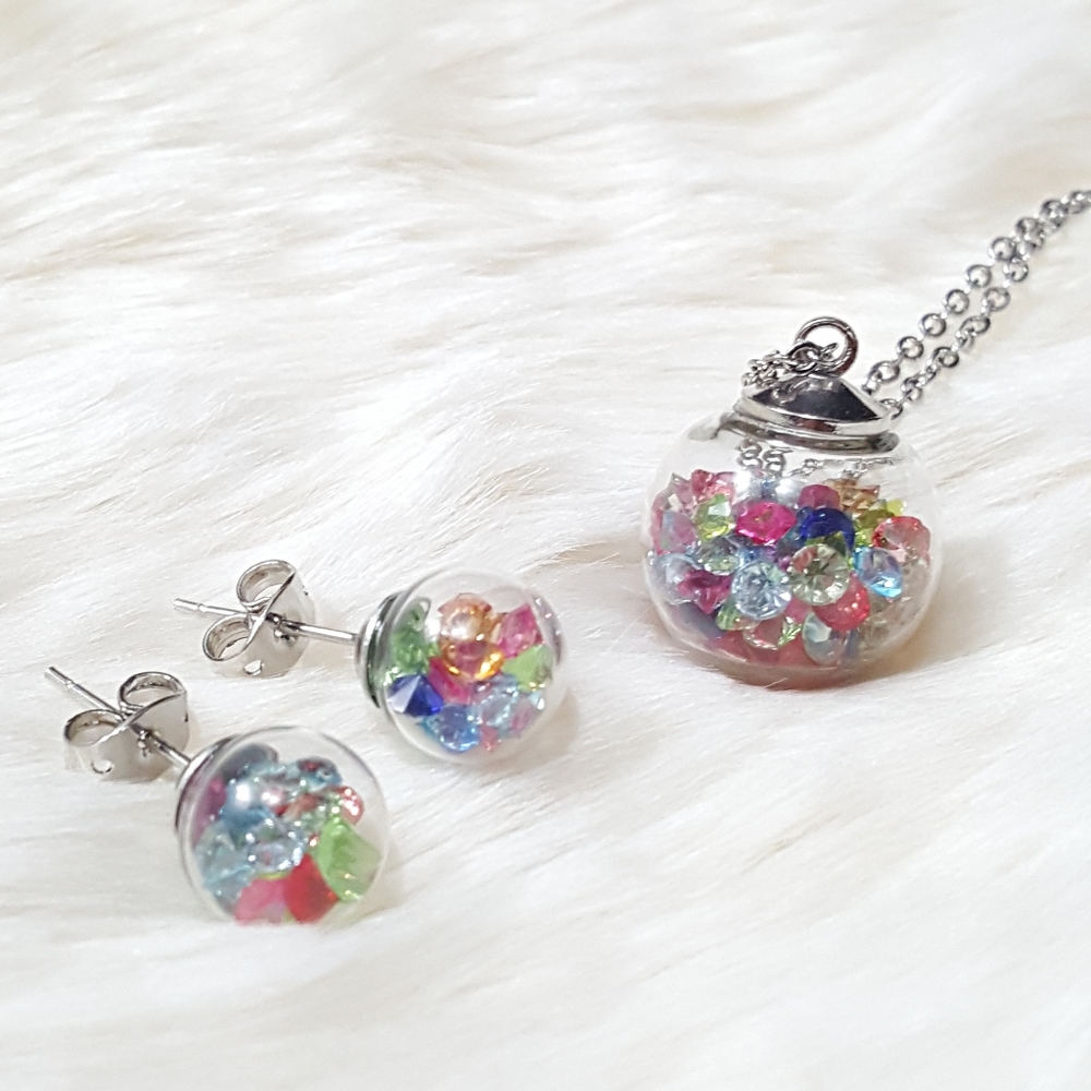 2 Sets of Mix Rainbow & Silver Necklace Earrings!! Free cute boxes and ribbons.